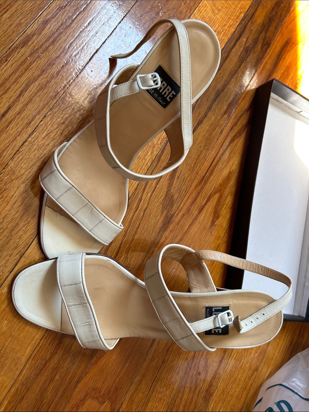 Neutral Cream Strappy Leather Sandals with Ankle Buckle